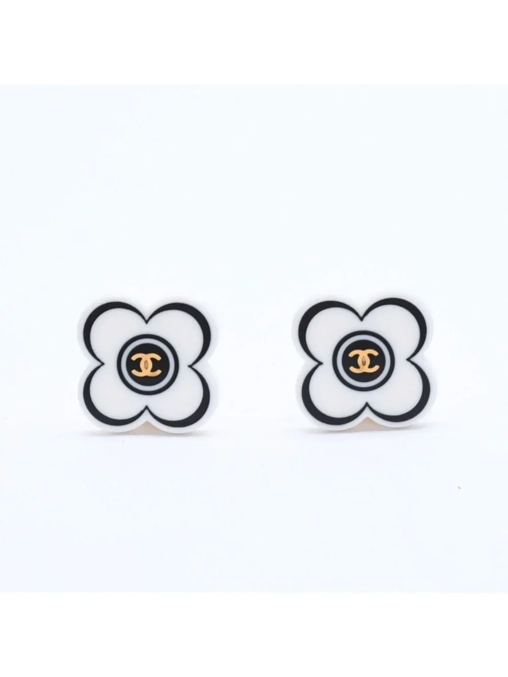 Chanel CC Logo Earrings 02 Flower Motif Camellia White Black Resin